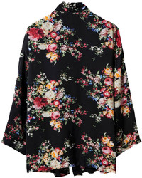 Choies Black Floral Three Quarter Sleeve Kimono Coat
