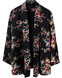 Choies Black Floral Three Quarter Sleeve Kimono Coat