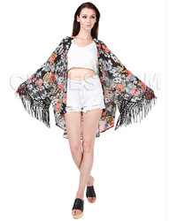 Choies Black Vintage Floral Tassel Kimono Coat