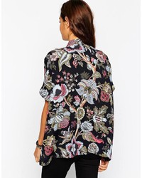 Asos Collection Short Sleeve Kimono Blouse In Black Floral Print