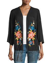 Neiman Marcus Embroidered Fringe Kimono Black