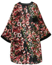 Floral Print Black Chiffon Kimono