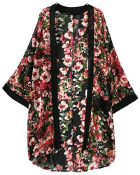 Floral Print Black Chiffon Kimono