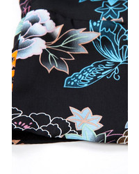 Romwe Floral Print Buttonless Cropped Sleeves Black Kimono