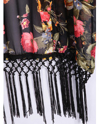 Floral Tassel Chiffon Black Kimono