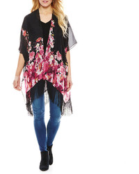 Asstd National Brand Yellow And Blue Floral Tapered Fringe Kimono