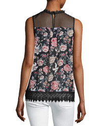 Romeo & Juliet Couture Lace Trim Floral Print Top Black Multi