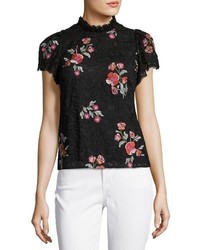 Rebecca Taylor Short Sleeve Floral Embroidered Lace Top Black