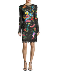 Monique Lhuillier Floral Embroidered Long Sleeve Lace Cocktail Dress