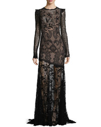 Andrew Gn Long Sleeve Asymmetric Floral Lace Gown Black