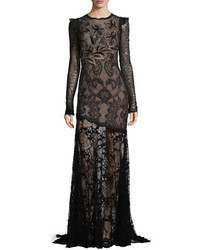 Andrew Gn Long Sleeve Asymmetric Floral Lace Gown Black