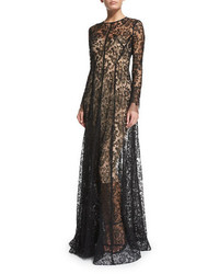 Lela Rose Long Sleeve Floral Lace Gown Black