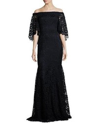 Theia Off The Shoulder Floral Lace Mermaid Gown Midnight