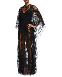 Elie Saab Sheer Floral Lace Long Sleeve Gown Black