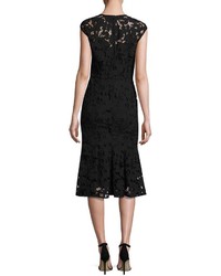 Shoshanna Cap Sleeve Floral Lace Fit And Flare Midi Dress Jet
