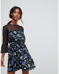 Influence Lace Yoke And Sleeve Floral Skater Dress Floral