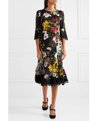 Dolce & Gabbana Lace Trimmed Floral Print Silk Blend Midi Dress Black
