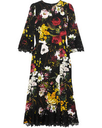 Dolce & Gabbana Lace Trimmed Floral Print Silk Blend Midi Dress Black
