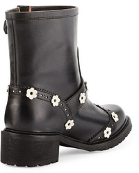 RED Valentino Floral Appliqu Leather Bootie Black