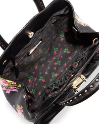 Betsey Johnson Oh Bow Floral Faux Leather Satchel Bag Black Floral