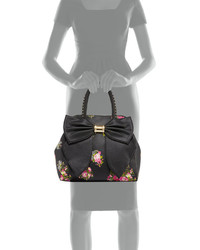 Betsey Johnson Oh Bow Floral Faux Leather Satchel Bag Black Floral