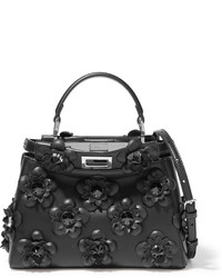 Fendi Peekaboo Mini Floral Appliqud Leather Shoulder Bag Black