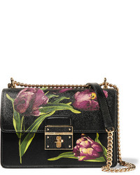Dolce & Gabbana Rosalia Small Floral Print Textured Leather Shoulder Bag Black