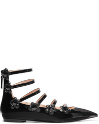 Black Floral Leather Ballerina Shoes
