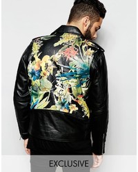 Black Floral Leather Biker Jacket