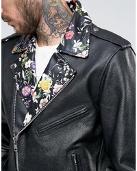 Reclaimed Vintage Leather Biker Jacket With Floral Collar