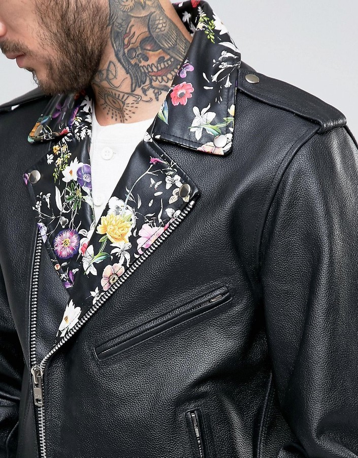 Reclaimed Vintage Leather Biker Jacket With Floral Collar, $271, Asos