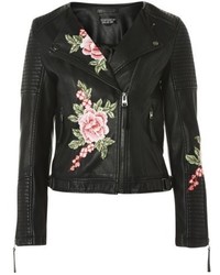Topshop Luna Floral Patch Faux Leather Biker Jacket