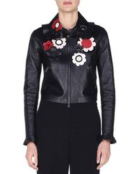 Fendi Floral Embellished Leather Bomber Jacket Black