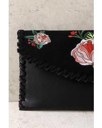 LuLu*s Wildflower Meadow Black Suede Leather Embroidered Clutch