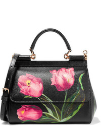 Dolce & Gabbana Sicily Small Floral Print Textured Leather Shoulder Bag Black