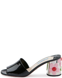 Prada Floral Heel 65mm Slide Sandal Black, $825 | Neiman Marcus | Lookastic