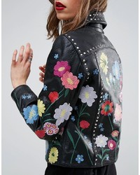 Asos Floral Embroidered Leather Biker Jacket