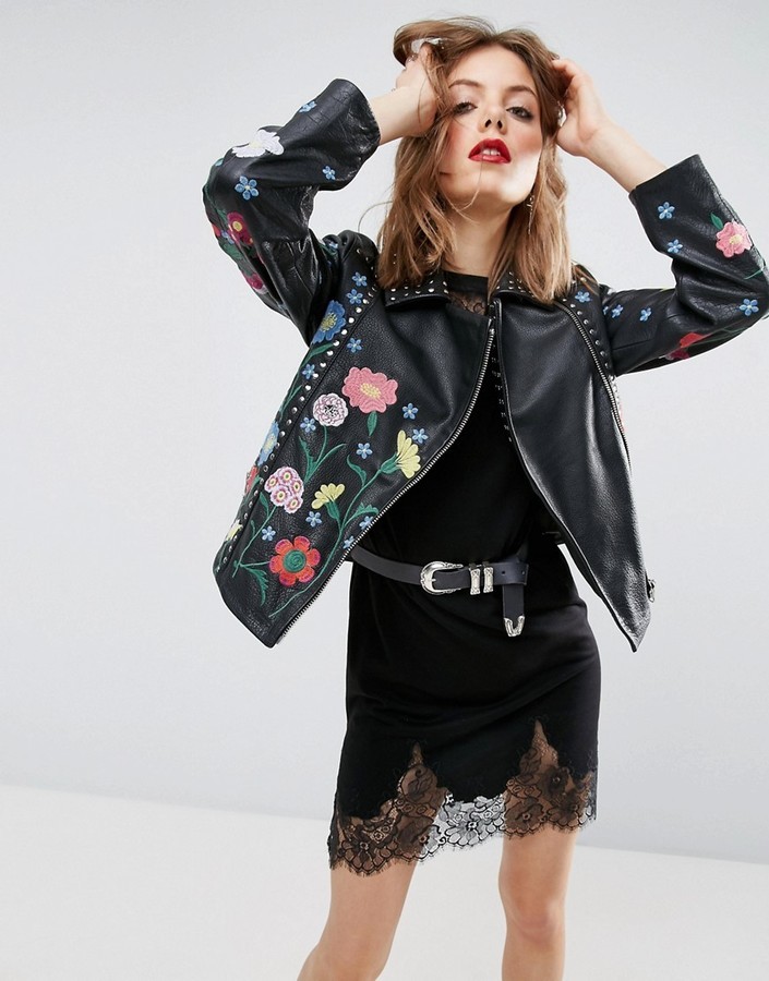Flower Embroidery Studded Leather Jacket