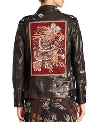 Etro Painted Floral Dragon Motif Leather Jacket