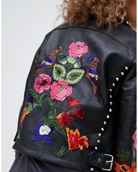 Asos Premium Leather Biker Jacket With Floral Embroidery And Stud Detail