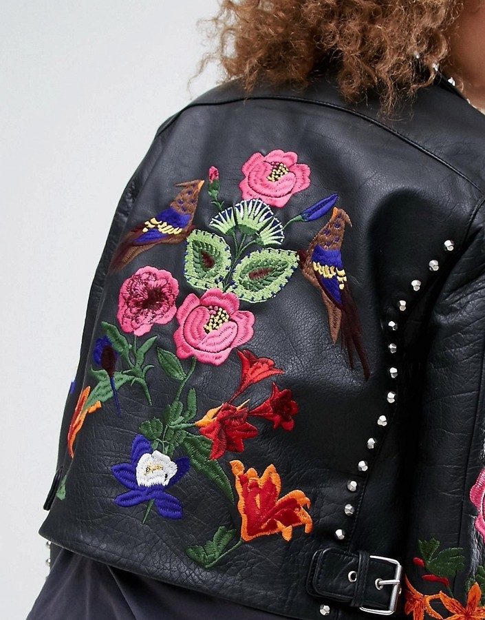 ASOS Premium Leather Biker Jacket With Floral Embroidery And Stud Detail in  Black