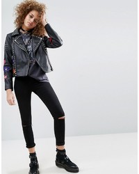 ASOS Premium Leather Biker Jacket With Floral Embroidery Black Size 6 $316