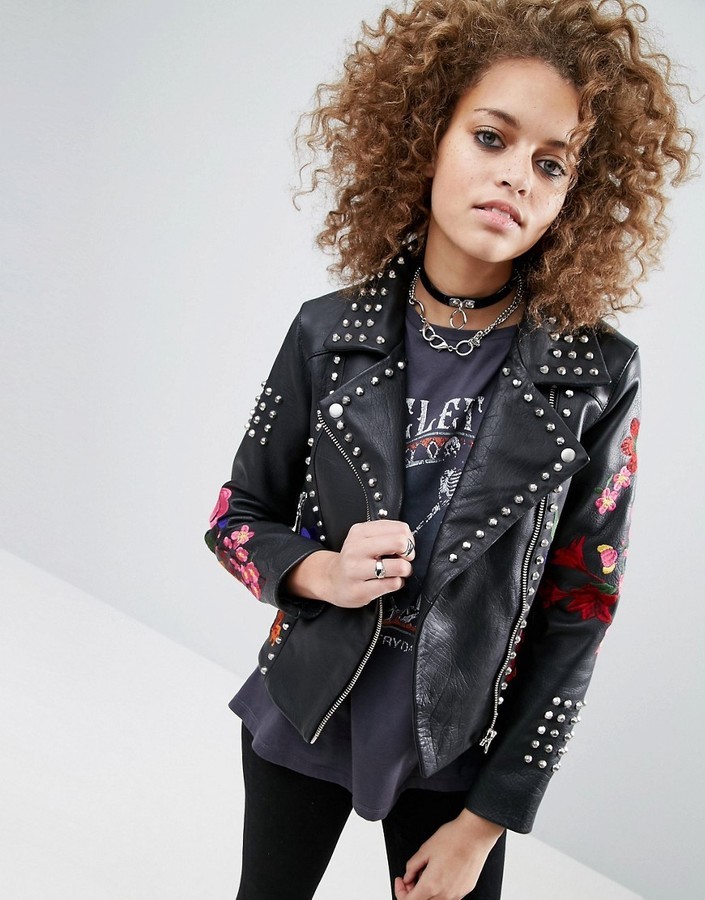 ASOS Premium Leather Biker Jacket With Floral Embroidery Black