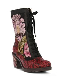 Black Floral Leather Lace-up Ankle Boots