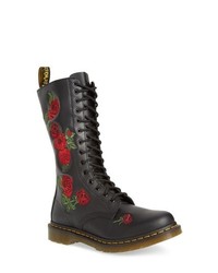 Black Floral Leather Lace-up Flat Boots
