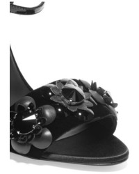 Fendi Embellished Floral Appliqud Leather Trimmed Velvet Sandals Black