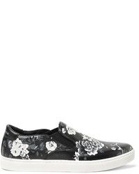 Black Floral Leather Slip-on Sneakers