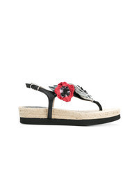 Black Floral Leather Thong Sandals