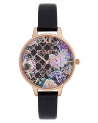Black Floral Leather Watch