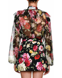 Dolce & Gabbana Bow Tie Long Sleeve Floral Print Silk Chiffon Blouse
